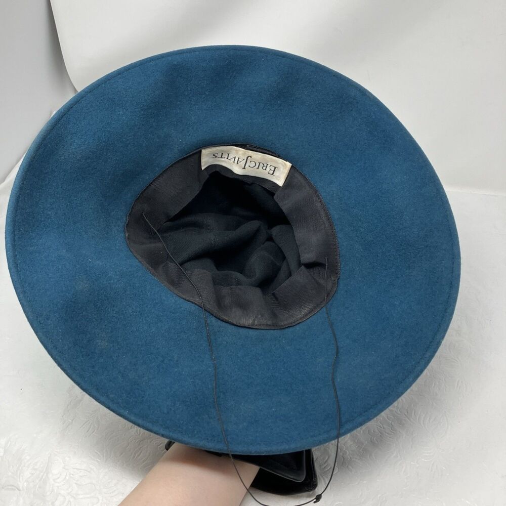 Eric Javits Hat Velvet Velour Bucket Felt Wool Wide Large Brim VTG Boho Teal - Picture 5 of 8